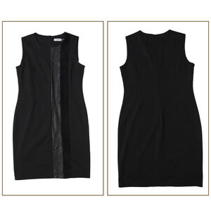 Calvin Klein Sheath Dress Sz 12 Black Leather Panel Edgy Sleeveless Needs Repair